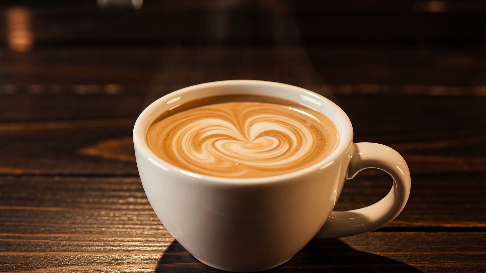The white cup at rest on the dark counter, crema settled