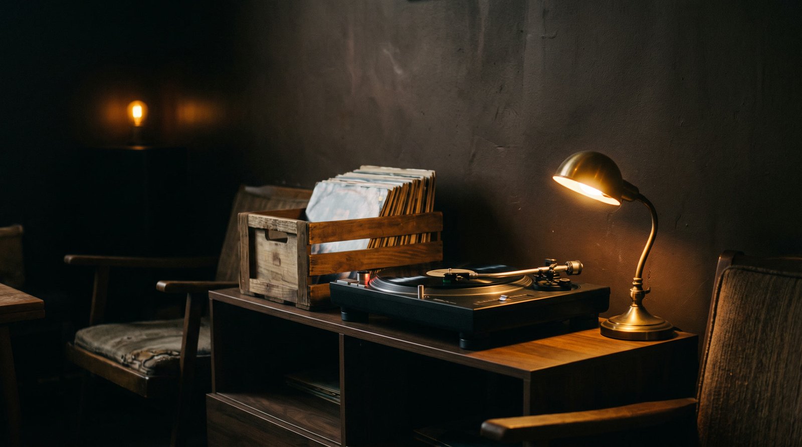 The record corner, one turntable and a shelf of records
